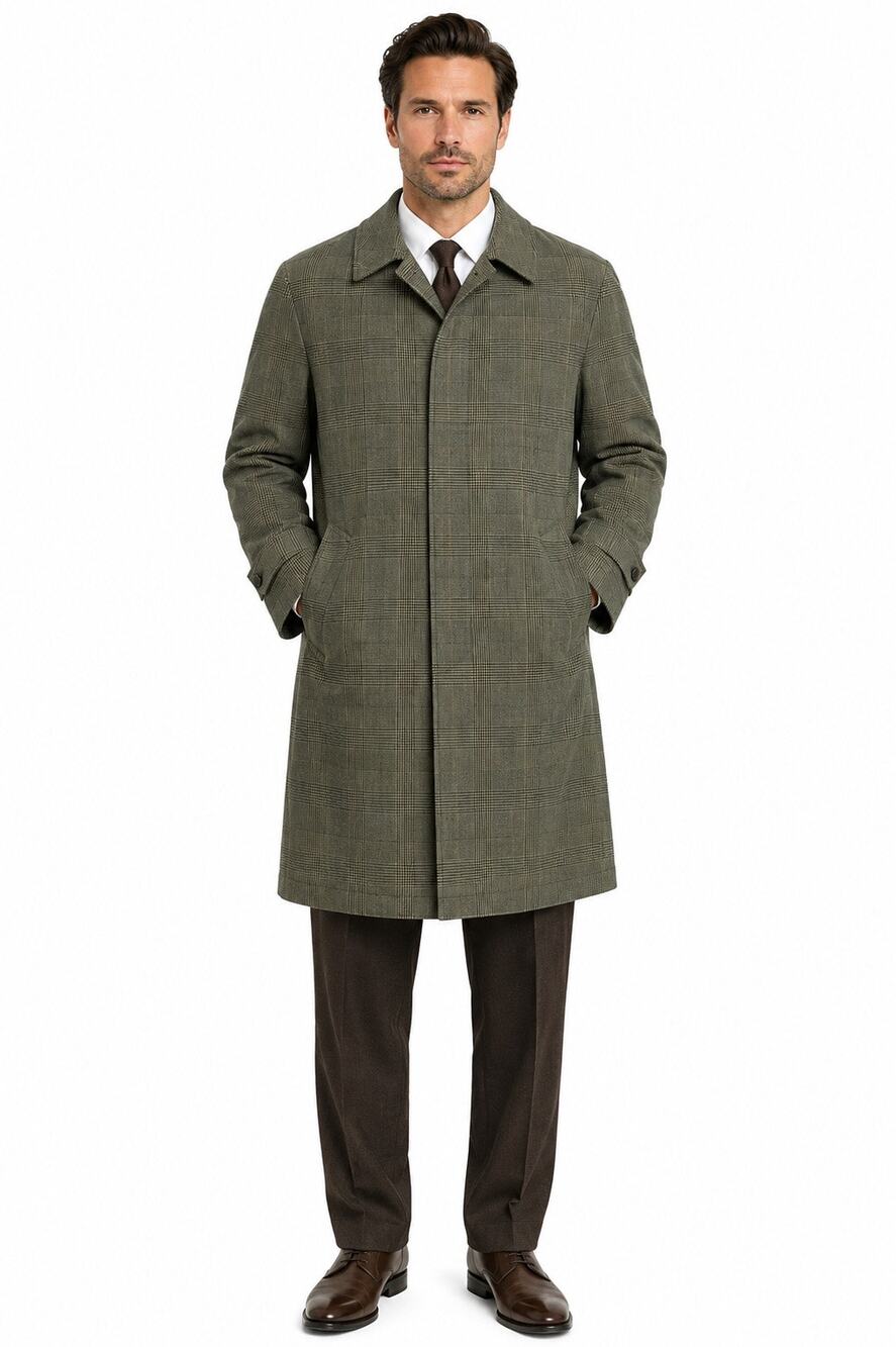 1970s Vintage Union Made USA Olive Green Prince of Wales Plaid Topcoat 42